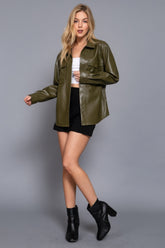 Long Sleeve Olive Faux Leather Shacket Simmer & Fay
